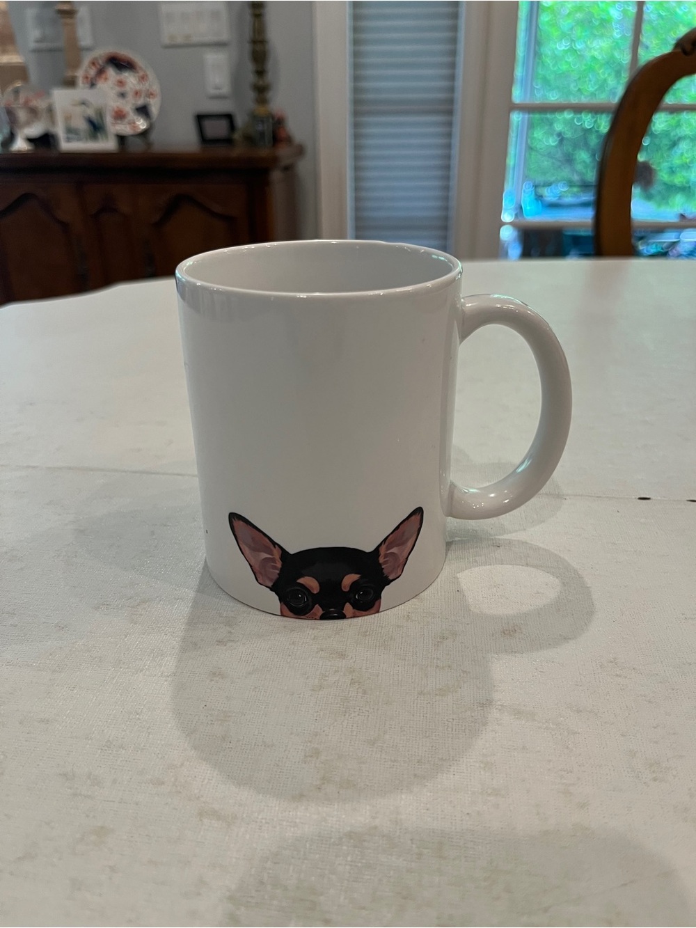 White Ceramic Mug with Black and tan Peeking Chihuahua. So cute!